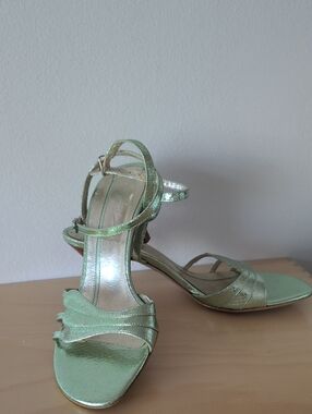 Metallic Light Green Ankle-Strap Heeled Sandals